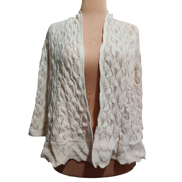 JM Collection XL Petite Sweater Cream Metallic Open Knit Cardigan 3/4 Sleeve - Picture 1 of 14